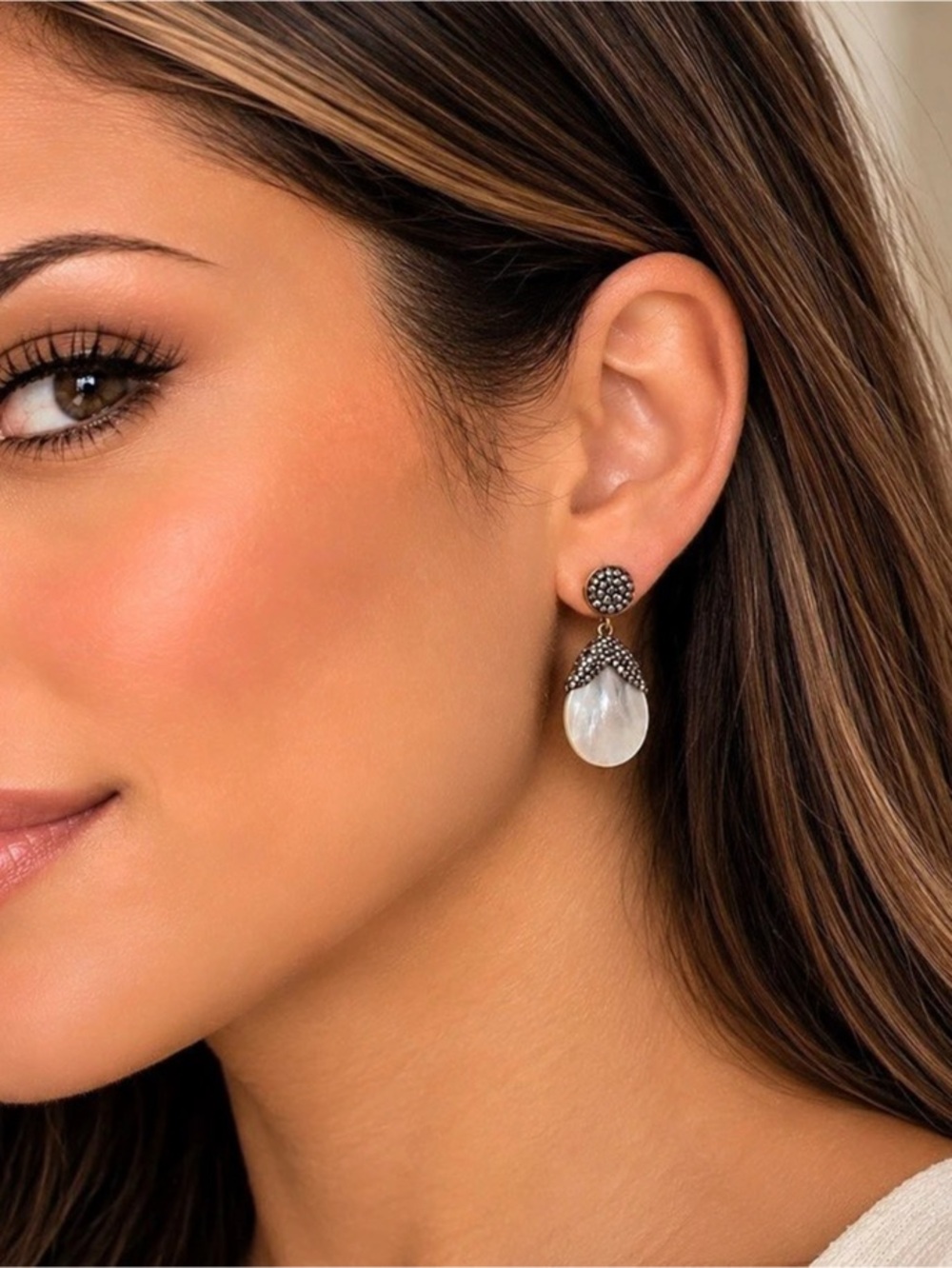 NEW Mother of Pearl Style Teardrop Fashion Earrings w/ Crystal Embellished Pave